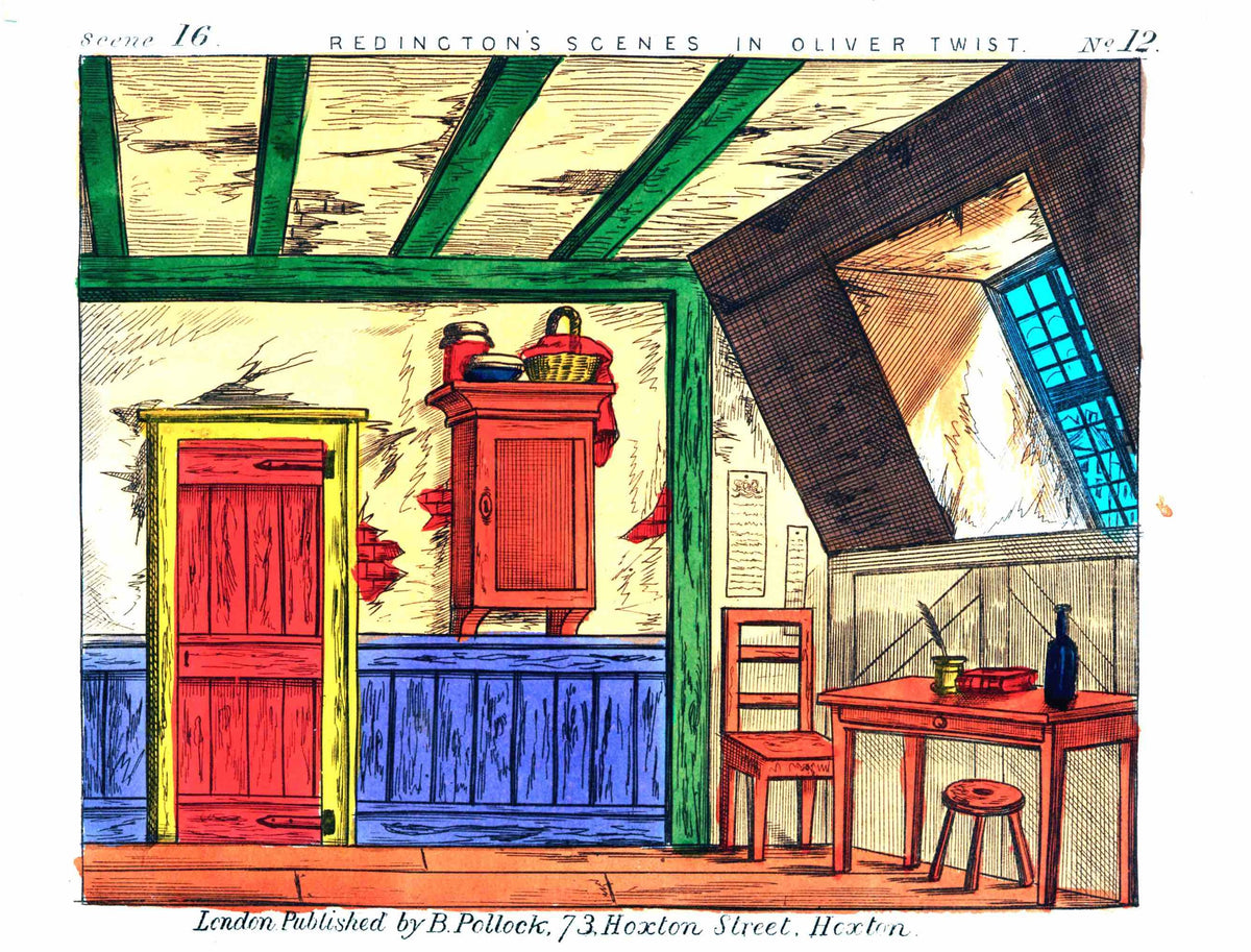 Close-up of a colourful illustration of a simple room interior with a desk and window, from 'Redington's Scenes in Oliver Twist', published by Pollock.
