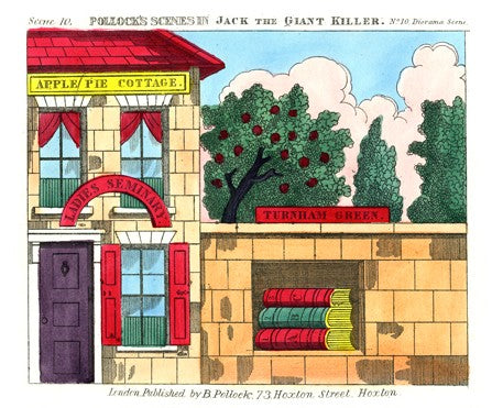 Close-up of a scene from Jack the Giant Killer, showing the facade of 'Apple Pie Cottage' and a wall bearing a sign for 'Turnham Green'. Behind the wall is a group of trees, including an apple tree.