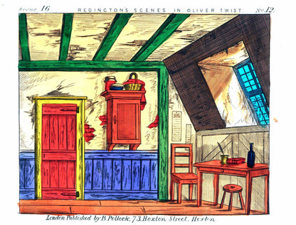 Close-up of a colourful illustration of a simple room interior with a desk and window, from 'Redington's Scenes in Oliver Twist', published by Pollock.