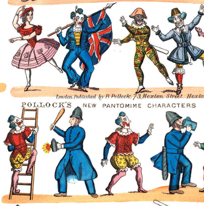 Close-up of Pollock's 'New Pantomime Characters', including a colourful Harlequin, a dancing lady, two policemen and some crowns, one of whom is carrying a Union Jack.