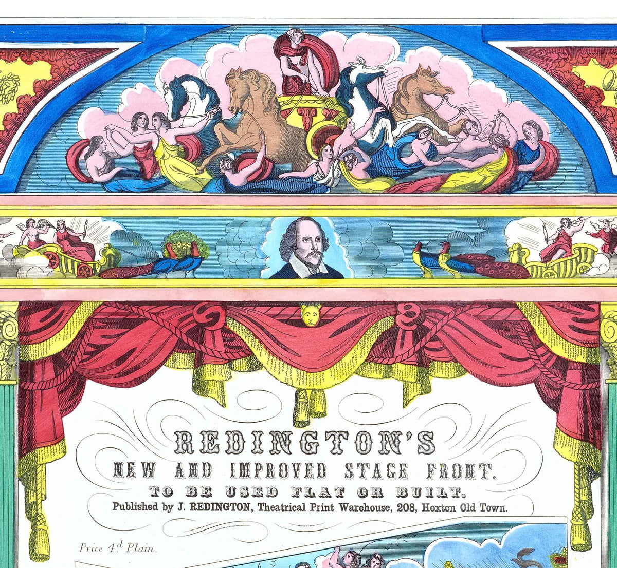 Close-up of title and decorative detail from Redington's New and Improved Stage Front, including Shakespeare's head, a horse-drawn chariot in the sky, and chariots drawn by peacocks.