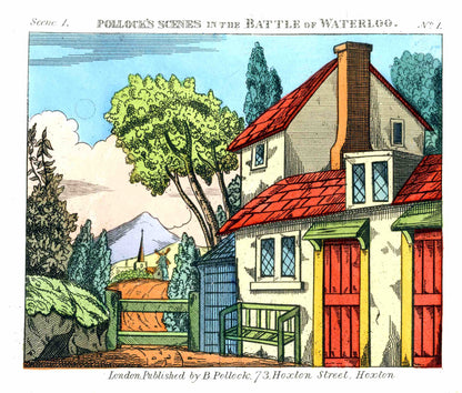 Close-up of a colourful illustration of a house with a red roof, in front of which stands a green bench. The scene is taken from Pollock's Scenes in the Battle of Waterloo.