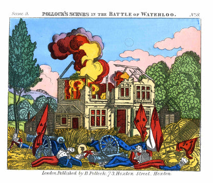 Close-up of an illustration of a house on fire surrounded by injured or dying soldiers, from 'Pollock's Scenes in the Battle of Waterloo'.