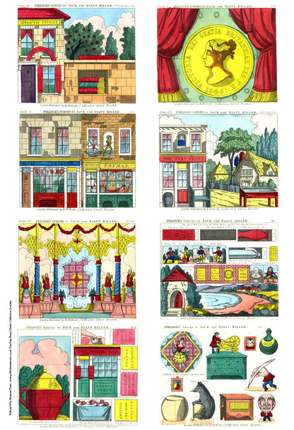 Colourful printed scenes for a toy theatre performance of Jack the Giant Killer, to cut out and make, arranged on one large sheet of paper. Scenes include a grand hall or entrance and an outdoor scene with a shop and house.