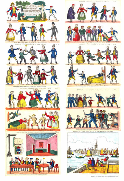 Printer paper showing a variety of characters and scenes for a toy theatre performance of Oliver Twist.