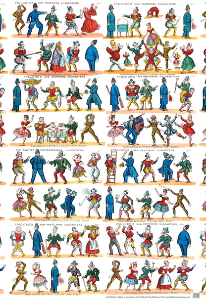 Pantomime characters reproduced from an antique toy theatre set arranged in rows on a large sheet. Characters include clowns, a harlequin, dancing girls and policemen.