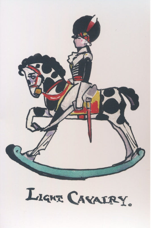 Light Cavalry: a handsome toy soldier riding a rocking horse, Greetings Card