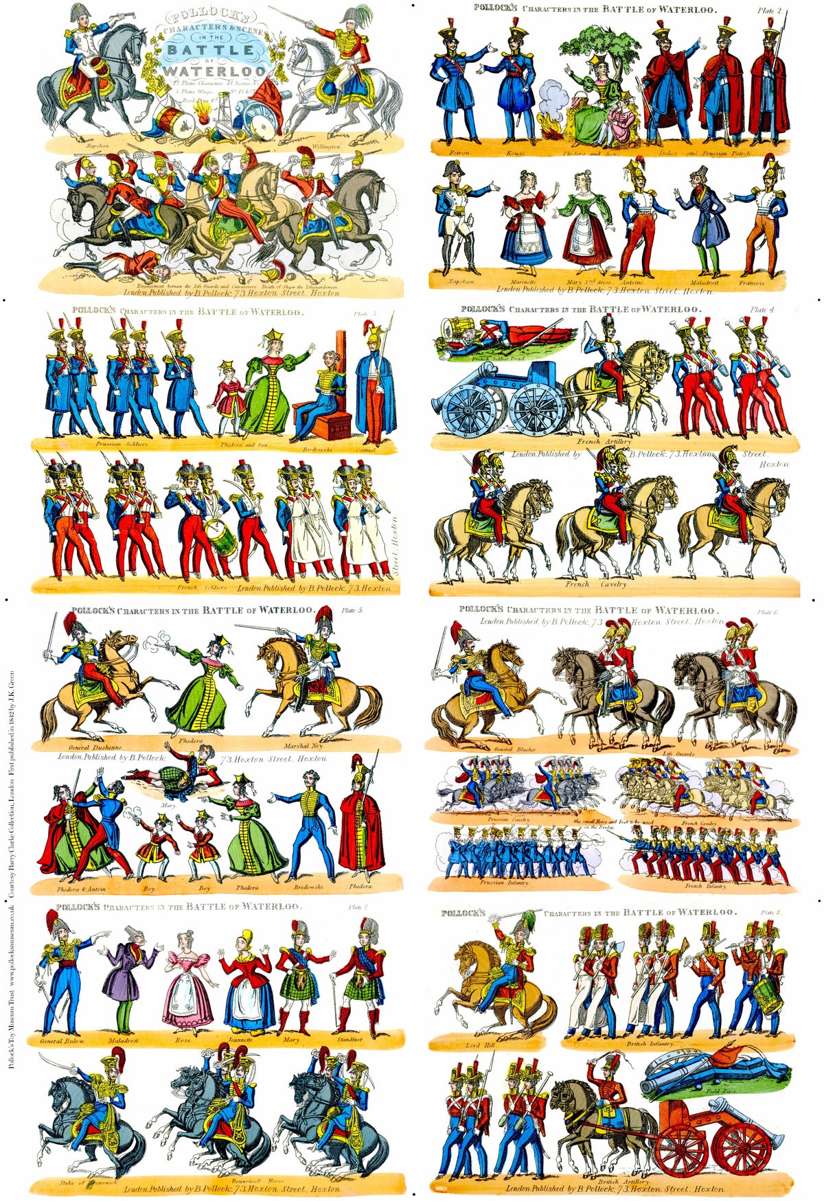 Sheet of illustrated figures of soldiers and horses from the Battle of Waterloo, arranged in a grid.